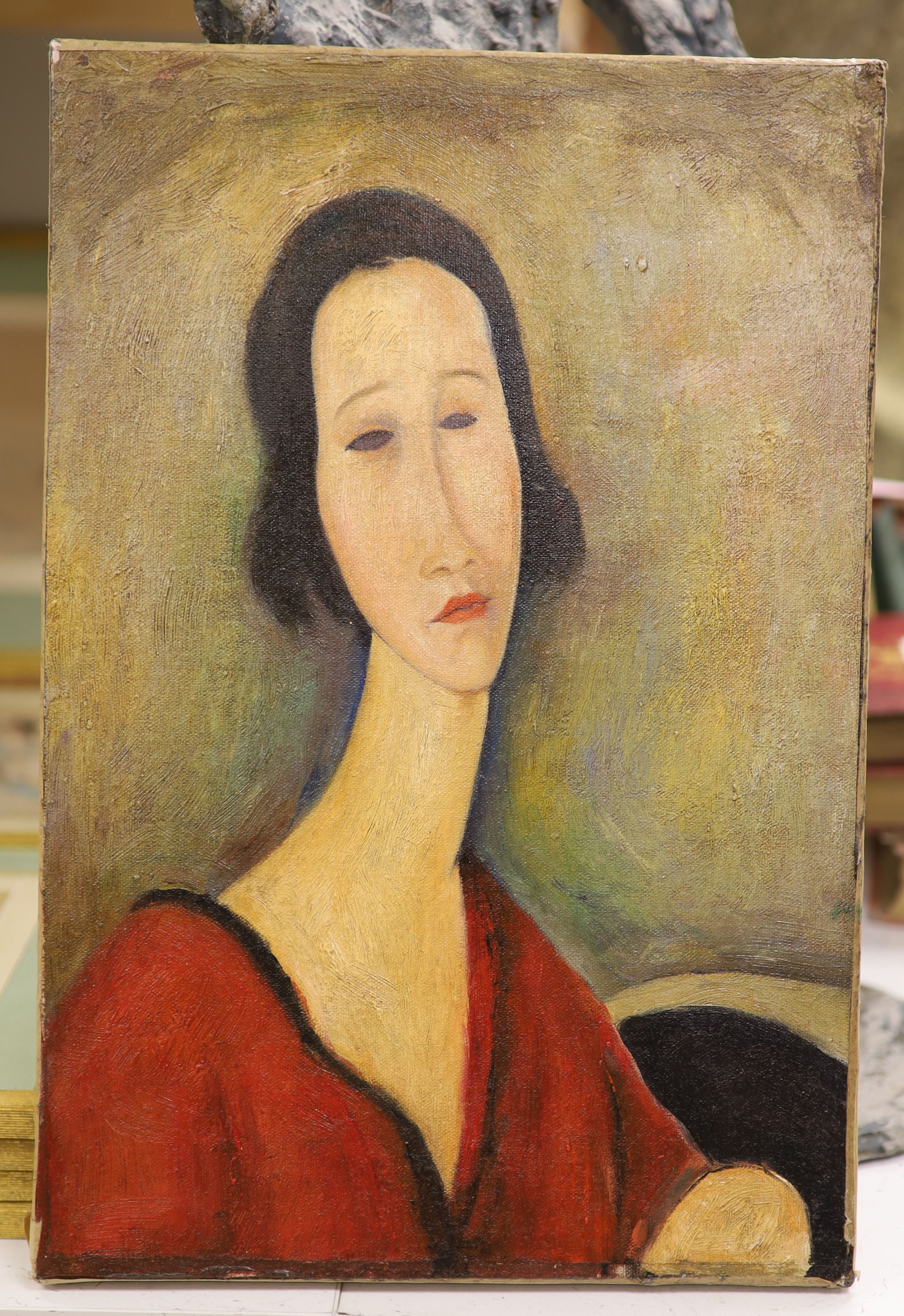 After Modigilani, oil on canvas, Portrait of a lady, inscribed verso, 43 x 29cm, unframed